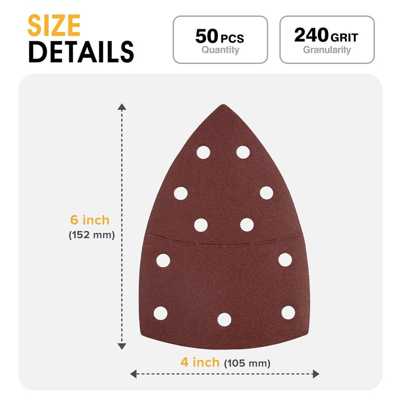 Shawya 50 PCS Mouse Sander Sandpaper for Mouse Sander 11 Hole Detail Sandpaper Sanding Paper 240 Grit Hook and Loop Sander Pads Triangular Sanding Sheets Abrasive Sanding Paper - Image 3